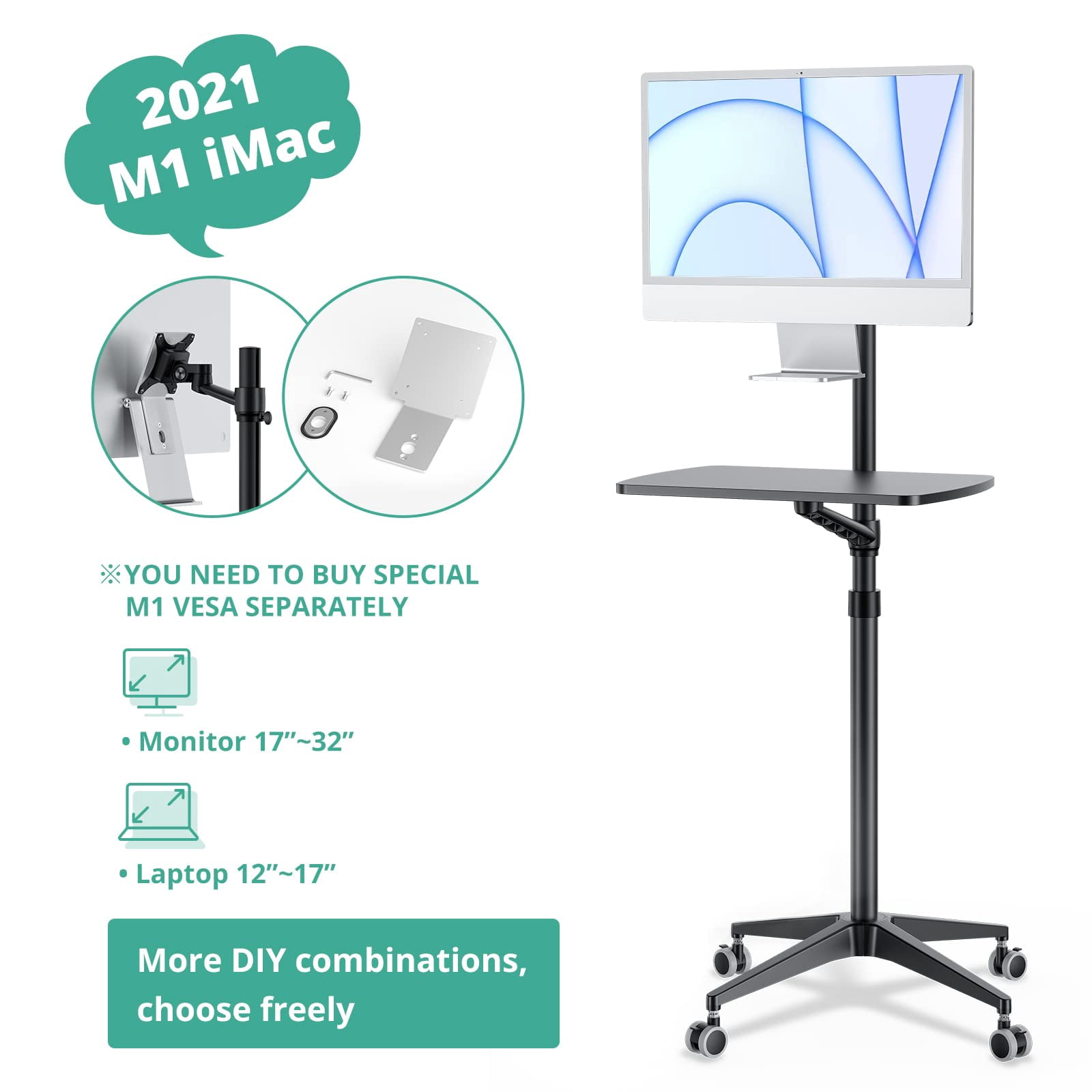 Mobile Desk Workstation Mulitiuse Rolling Laptop Floor Stand 34"-48.6" Height Adjustable Compatible With 17"-27" Monitor&12"-17" 21"*14" Maxload 17.6lbs 4 Lockable Wheels B