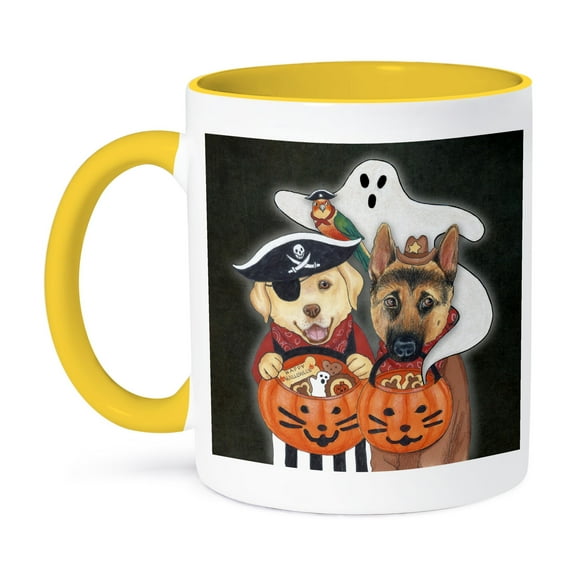 3dRose, Labrador, Shepherd, and parrot in costume with a ghost., 11oz Two-Tone Yellow Mug