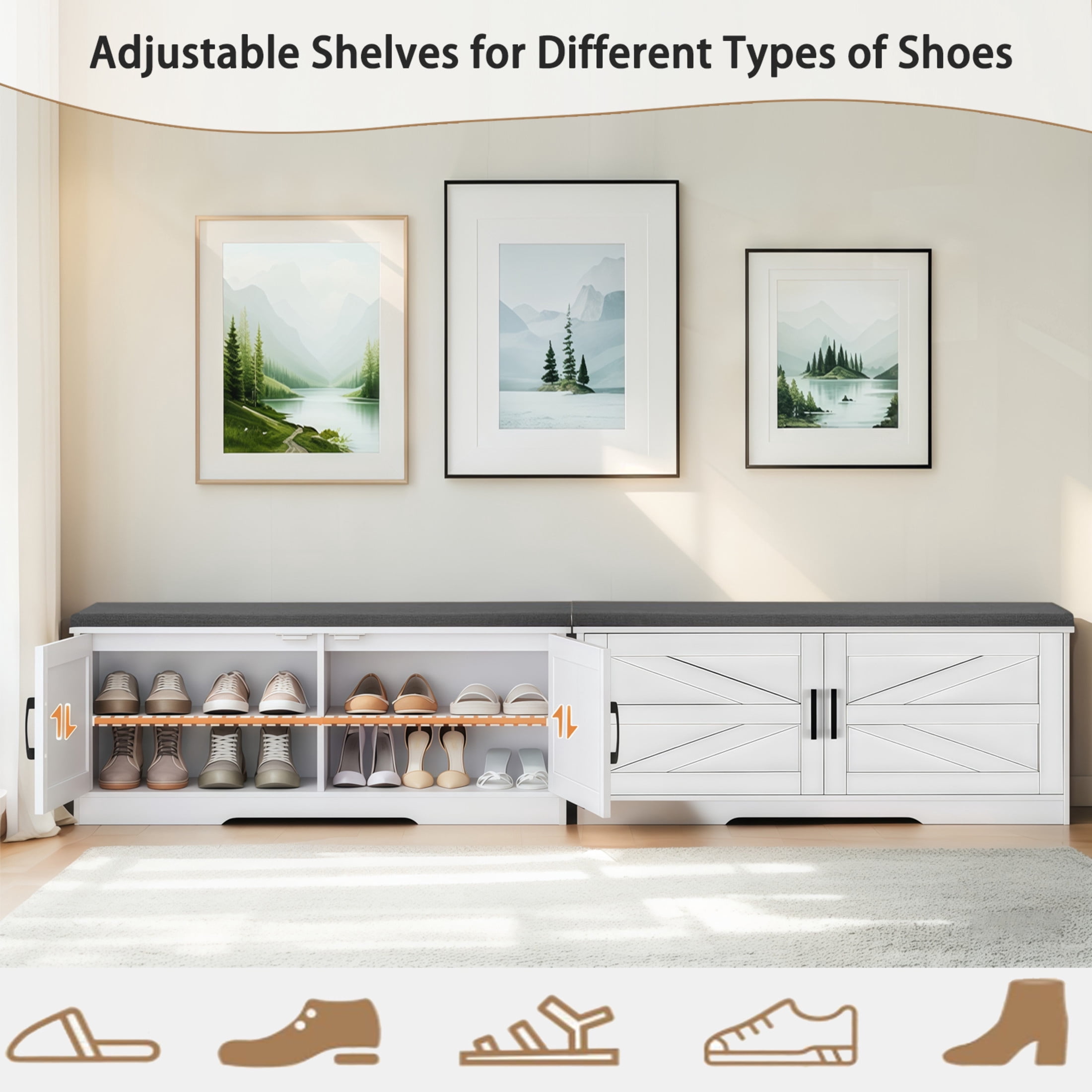 Noble House 2-Tier Storage Bench, Farmhouse Shoe Bench with Cushion, Barn Doors, for Entryway, Hallway, White