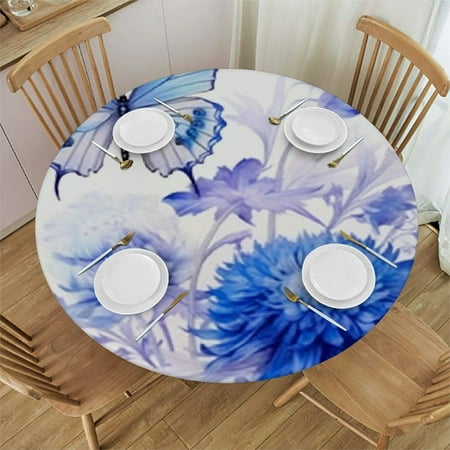 

YANMS Flower Colorful Floral Watercolor Blue and Purple Wildflower Round Tablecloth 100% Polyester Fiber 42-46