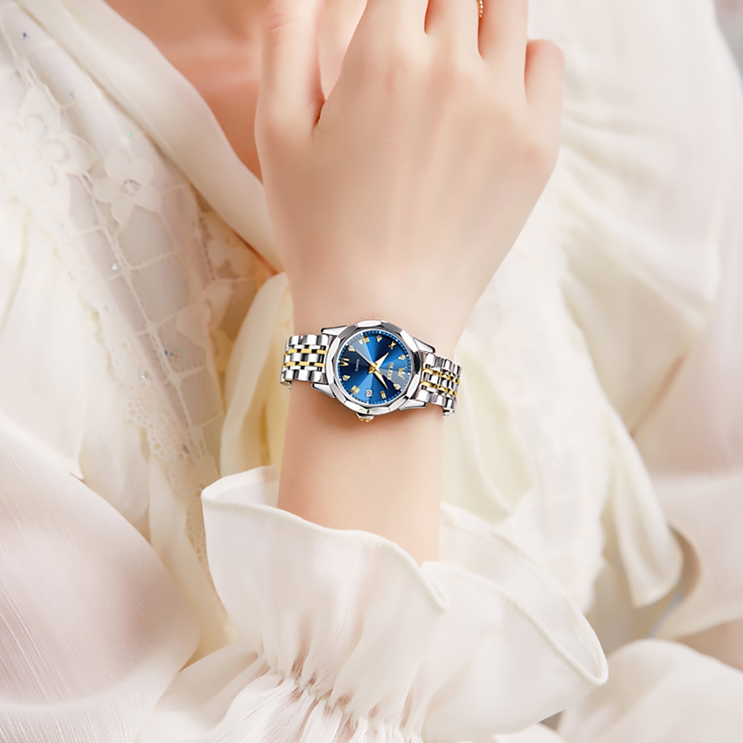 OLEVS Womens Watch Fashion Dress Female Watches for Women Analog Quartz Stainless Steel Waterproof Luminous Two Tone Ladies Wristwatch Reloj para Mujer
