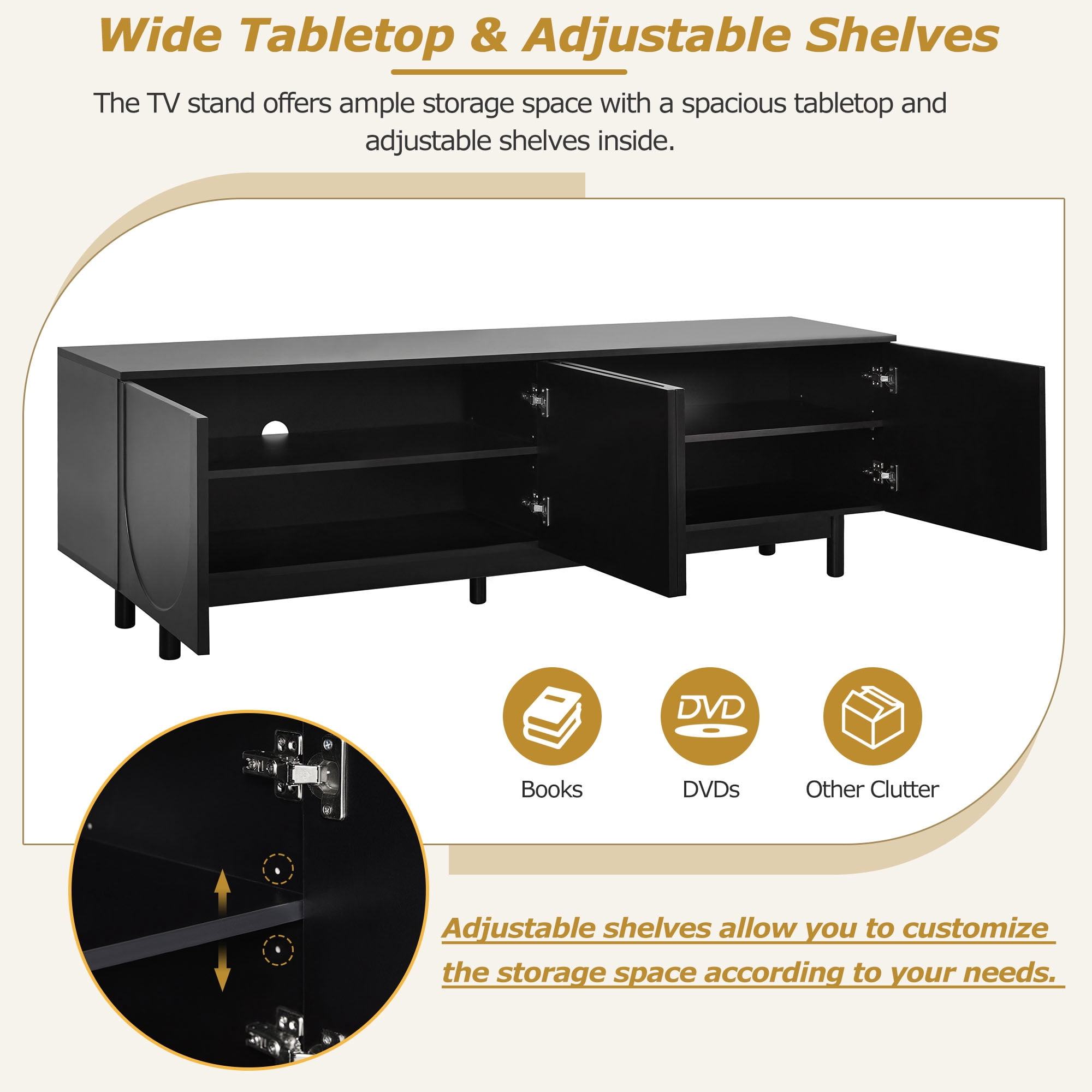 Homy Casa TV Stand for TVs up to 75", Black Entertainment Center with Storage Cabinets