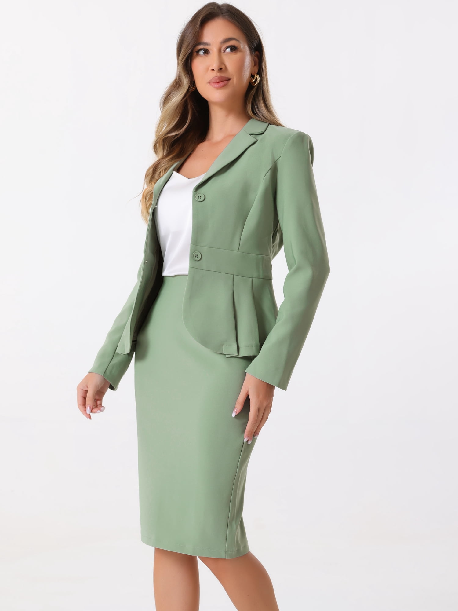 DARING DIVA Women's Peplum Blazer Pencil Skirt 2 Pcs Suit Set XS Pea Green