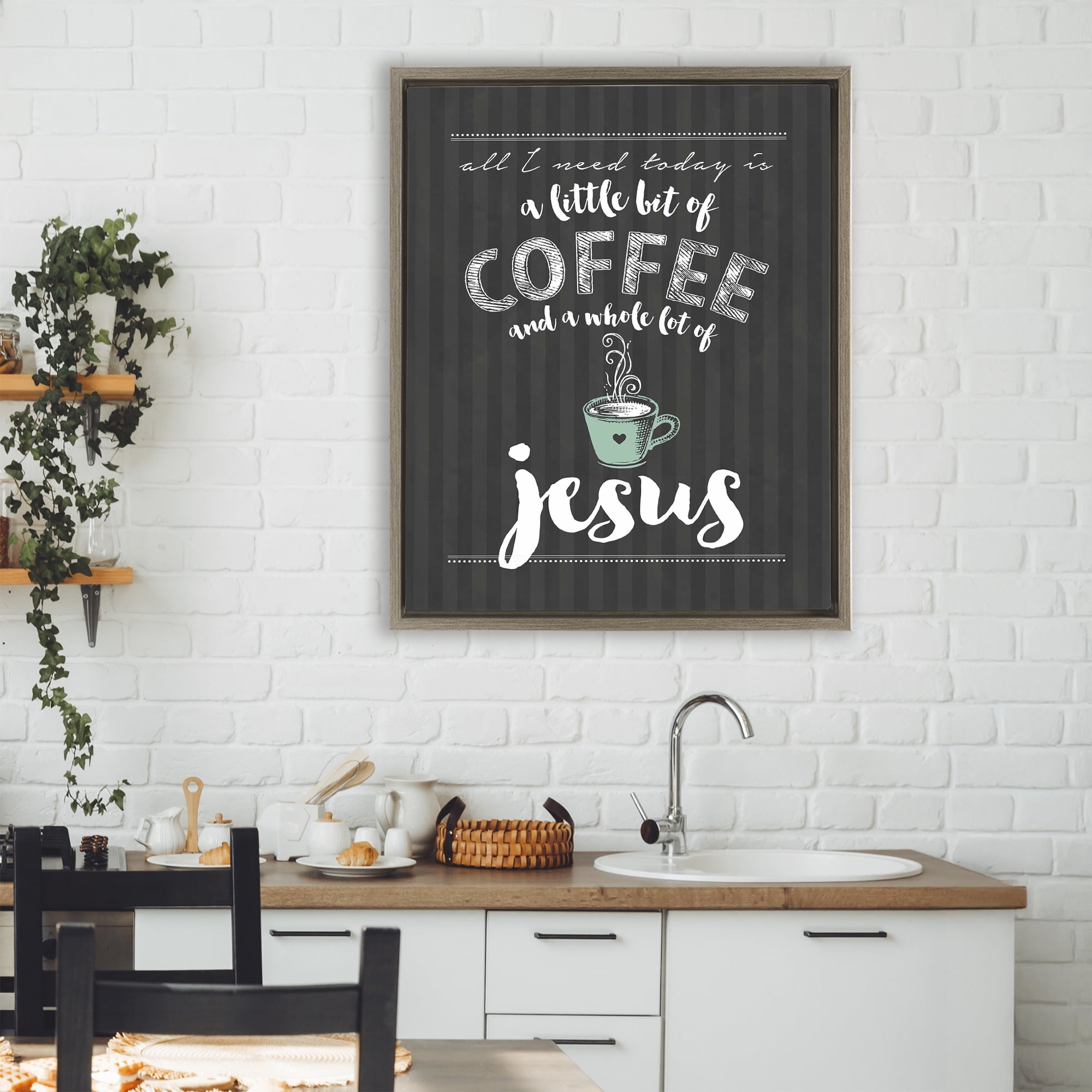 Little Coffee & Whole Lot Of Jesus Brown Framed Floater Canvas Wall Art, design by Lettered and Lined