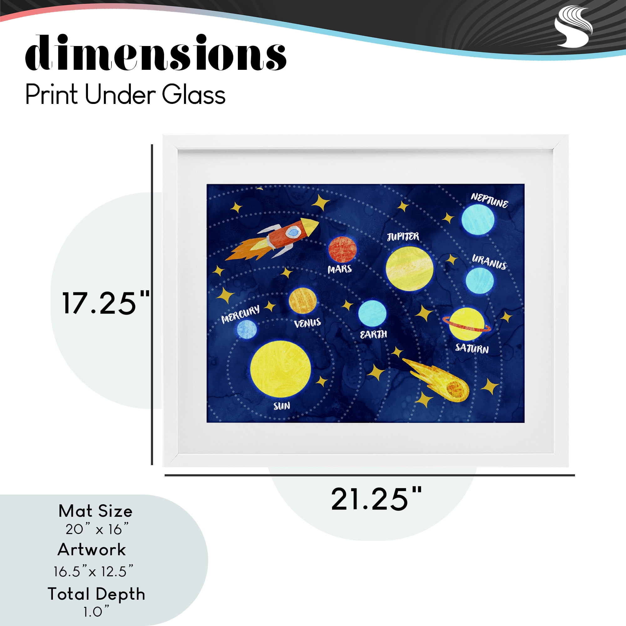 Rocket Across Solar System White Framed Print Under Glass, design by Daphne Polselli