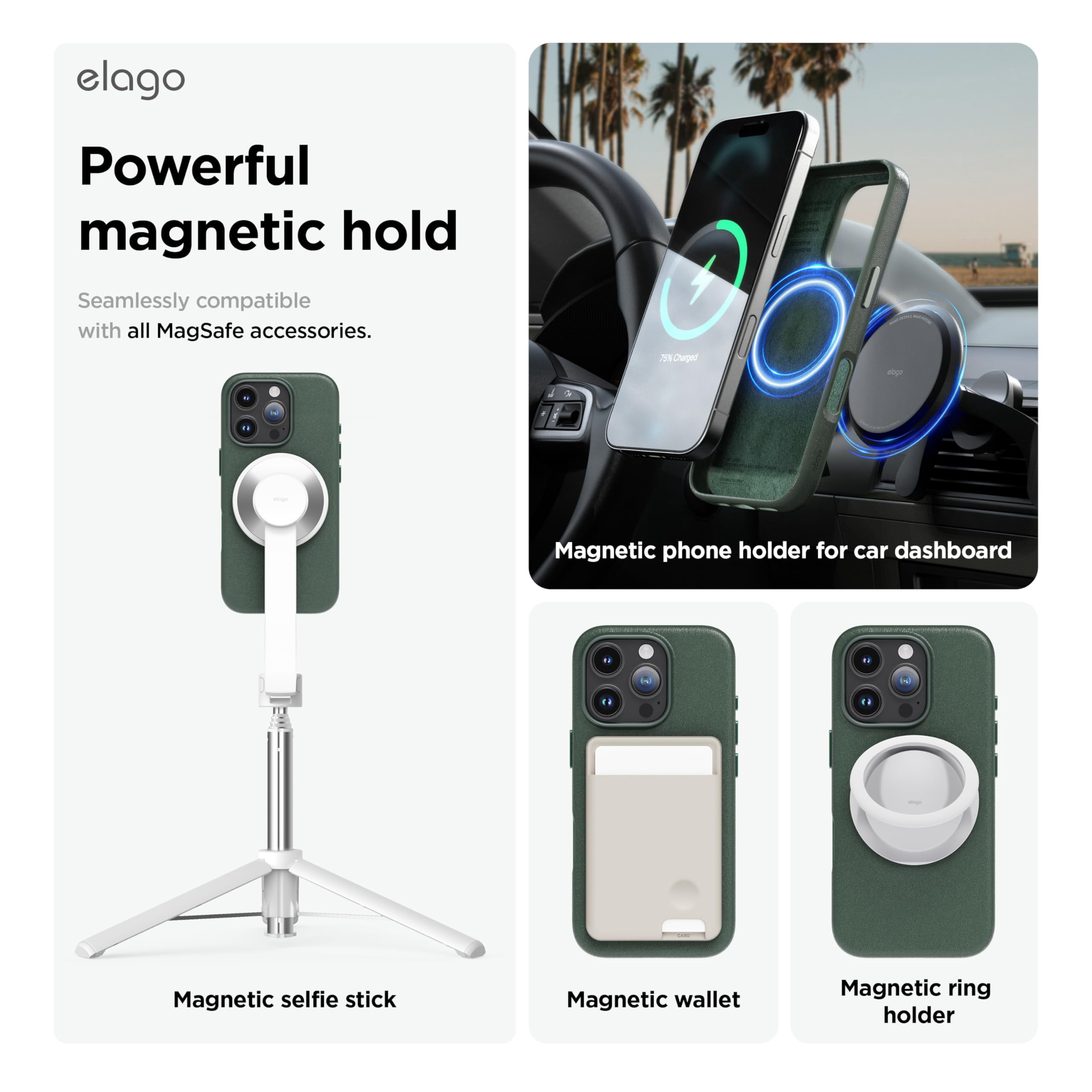 elago Magnetic Leather Case Compatible with iPhone 16 Pro Case, Compatible with All MagSafe Accessories, 6.3 inch - Built-in Magnets, Vegan Leather, Shockproof, Water-Resistant [Midnight Green]