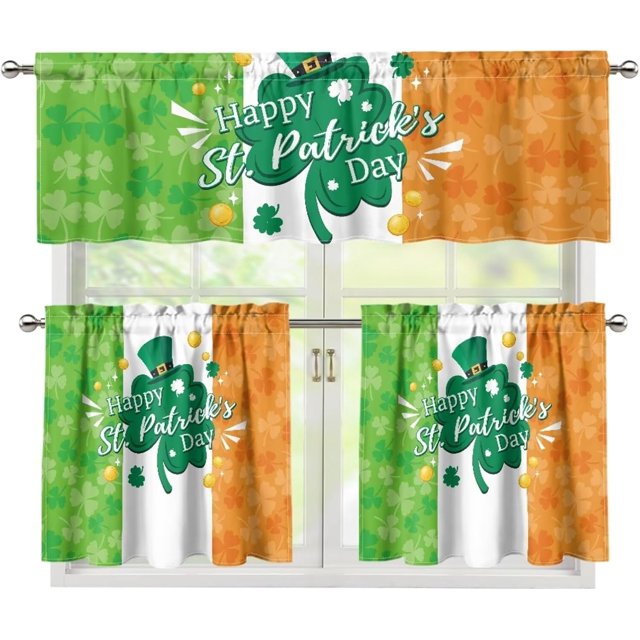 Green Leaves Kitchen Curtain Valance and Tiers Set of 3 Window Decorations Rod Pocket Cafe Bar Window Curtains Drapes,Easy to Install,Happy St Patrick Day Curtain Tier & Valance Set,Size S