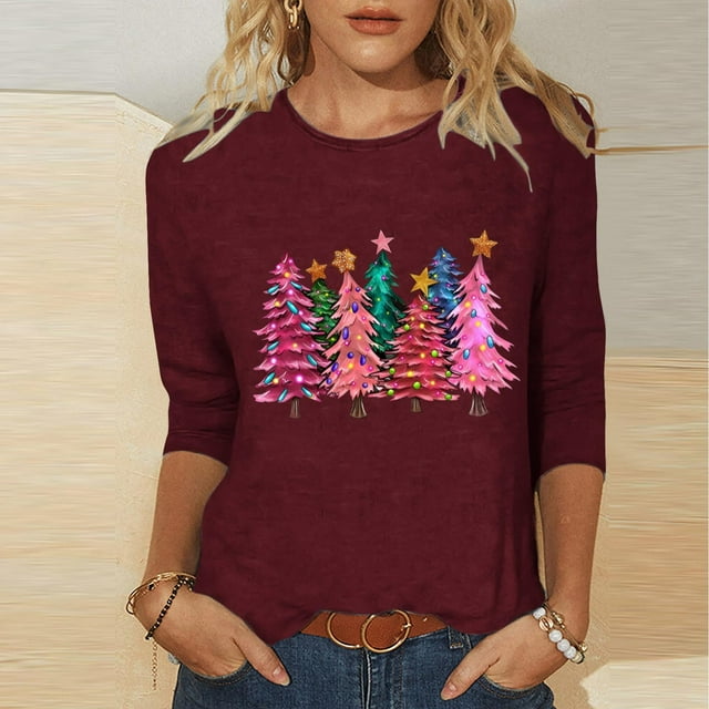FcBaudy Hauts pour Femmes, Blouses & Chemises à Manches Longues Col Rond, Chemises pour Femmes Mode de Noël T-shirt Décontracté Imprimé Col Rond Manches 3/4 Blouse Femme Blouse en Polyester