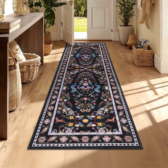 Ileading 2x6 Runner Rug for Hallway, Washable Kitchen Runner Rug with Non Slip Backing, Low Pile Soft Boho Floral Runner for Kitchen, Hallway, Entryway, Laundry, Bedroom