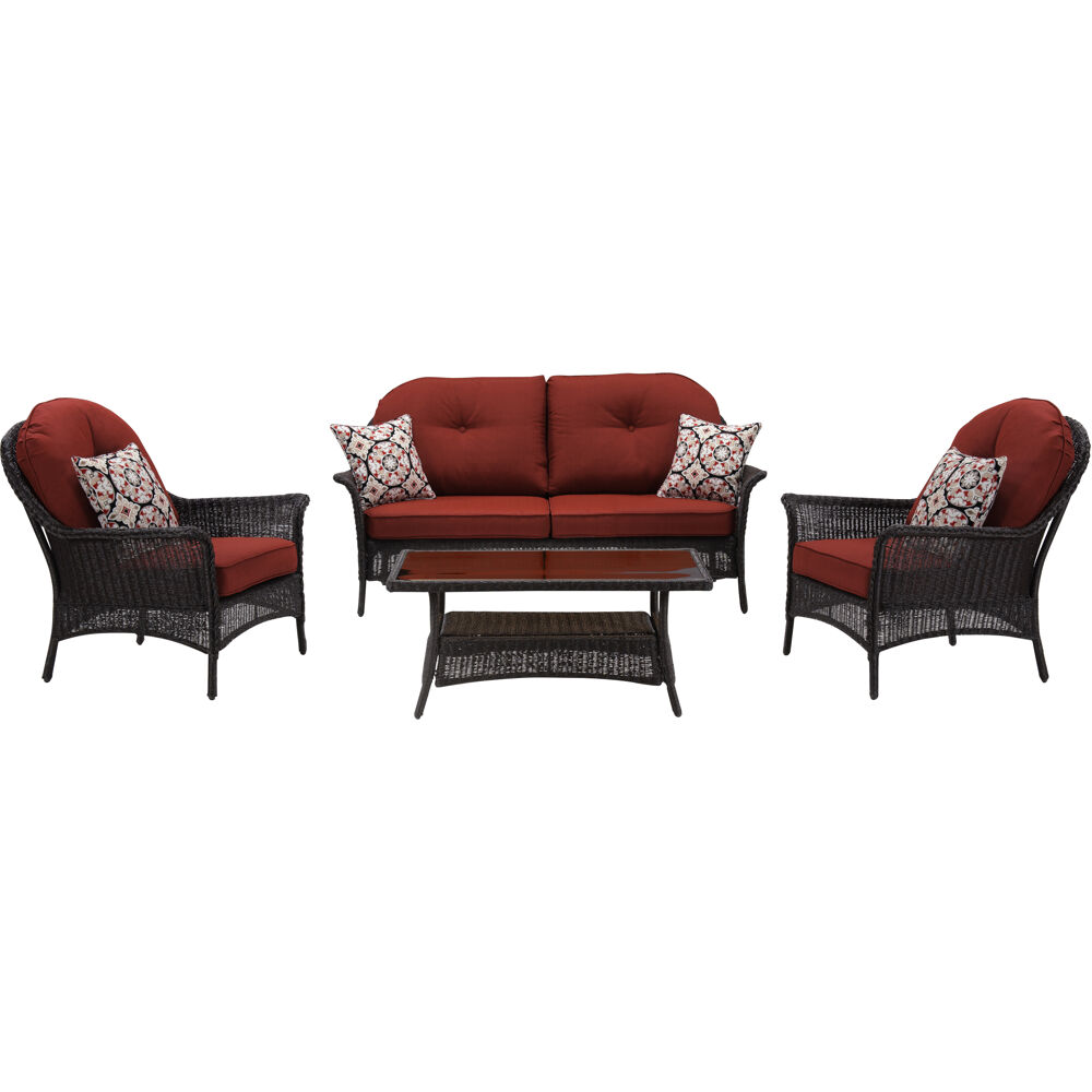 Hanover Sun Porch 4-Piece Resin Lounge Set with Handwoven Loveseat, 2 Armchairs, Coffee Table, and Plush Crimson Red Cushions - image 1 of 10