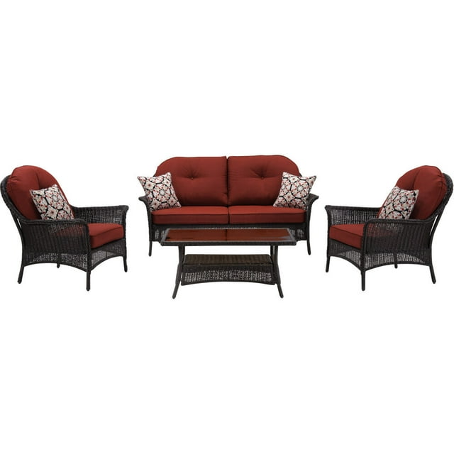 Hanover Sun Porch 4-Piece Resin Lounge Set with Handwoven Loveseat, 2 Armchairs, Coffee Table, and Plush Crimson Red Cushions