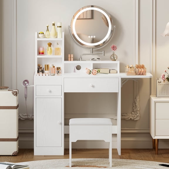 IRONCK Makeup Vanity Table Set with Adjustable Mirror and LED Lights, Vanity Desk with Power Outlet and Storage Drawers, White