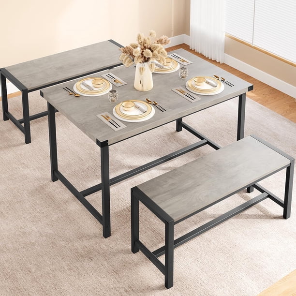 Gray 3-piece dining set - compact para small spaces, includes 2 benches & h-shaped frame con de esquina protectors