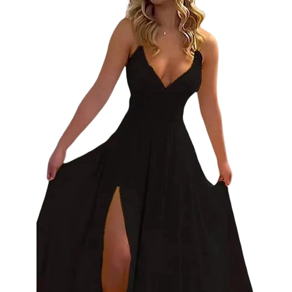 Women Dresses with Slit A Line Spaghetti Prom Evening Party Gown Black L