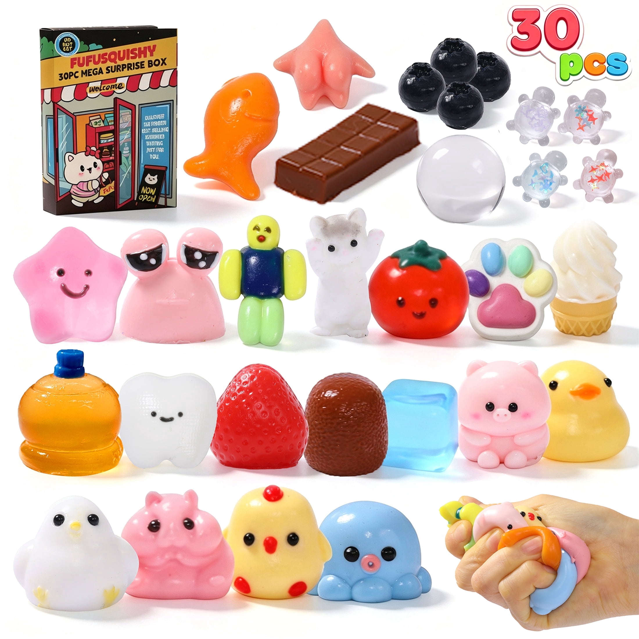 FUFUSQUISHY 30PCS Squishy Toys for Kids, Soft Taba Sensory Squeeze Toy Set, 24 Individually Wrapped Packs, Classroom Prizes and Party Favors