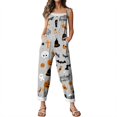 thumbnail image 6 of Halloween Overalls for Women Floral Print Linen Jumpsuit Wide Leg Spaghetti strap Rompers Pants with pockets, 6 of 7