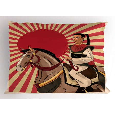 Samurai Pillow Sham Japanese Man On A Horse Cartoon Style Oriental