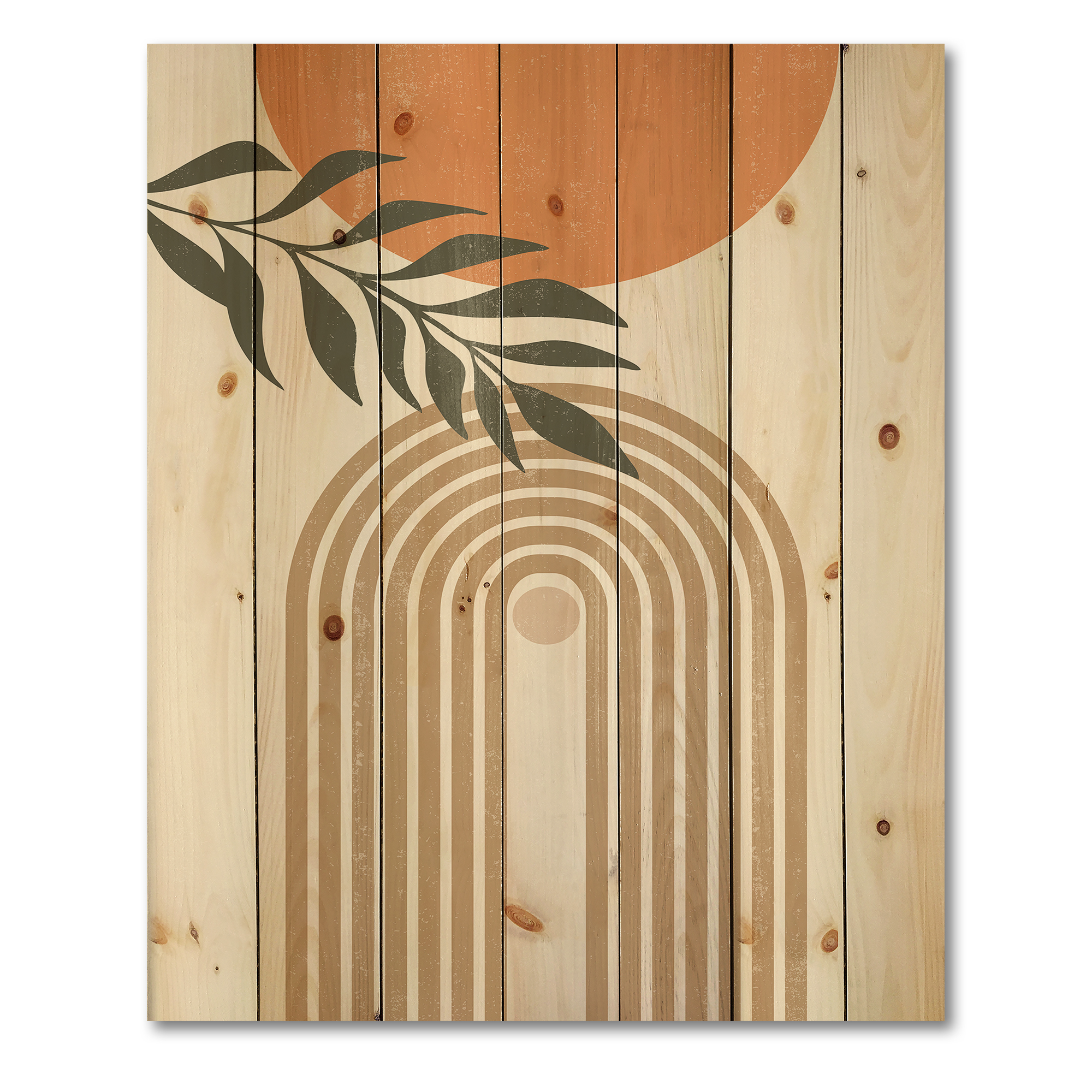 Designart 'Abstract Moon Sun Leaves I' Modern Print on Natural Pine Wood