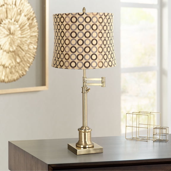 360 Lighting Traditional Swing Arm Desk Table Lamp Adjustable Height 36" Tall Antique Brass Copper Circles Drum Shade Living Room Bedroom