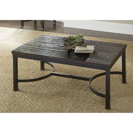 Ambrose Coffee Table - Antiqued Butcher Block Look with Heavy Distressing  Iron Base in Antiqued Ebony Finish with Rivets  Plastic Glides for Floor Protection  Ideal for Rustic Interior Styles