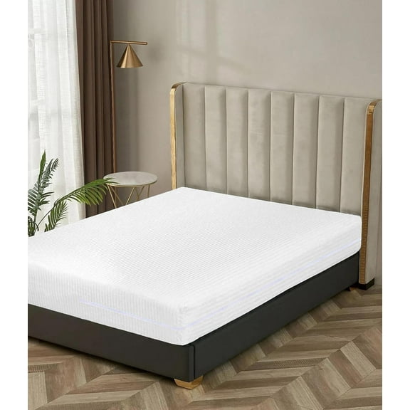 100% Egyptian Cotton L Shape Zipper Mattress Cover, 800 TC, 21 Inch Deep Pocket Full Size (54x75), Stripe White