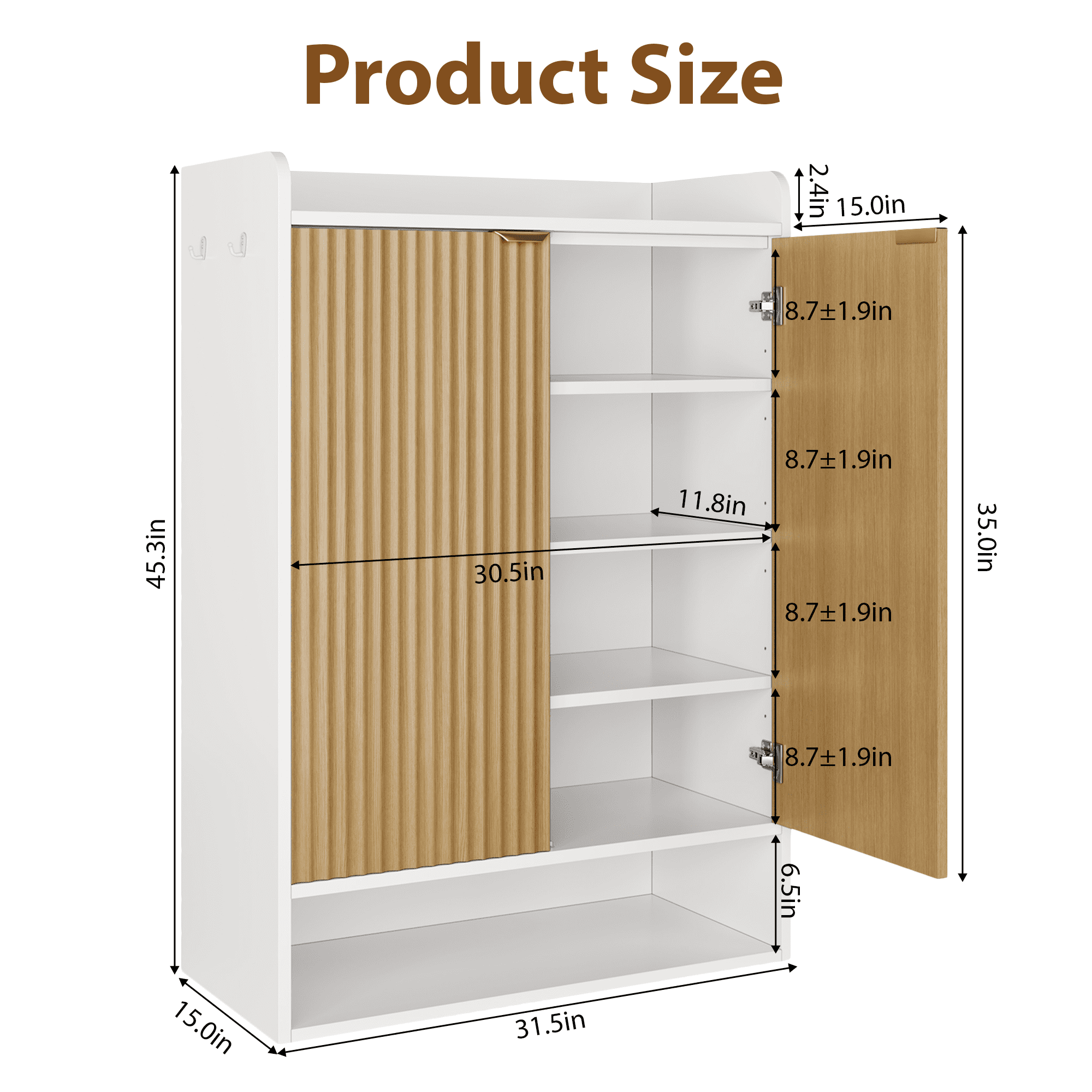 5 Tiers Kitchen Pantry Cabinet with Adjustable Shelves, Freestanding Wood Cabinet with 2 Doors, White