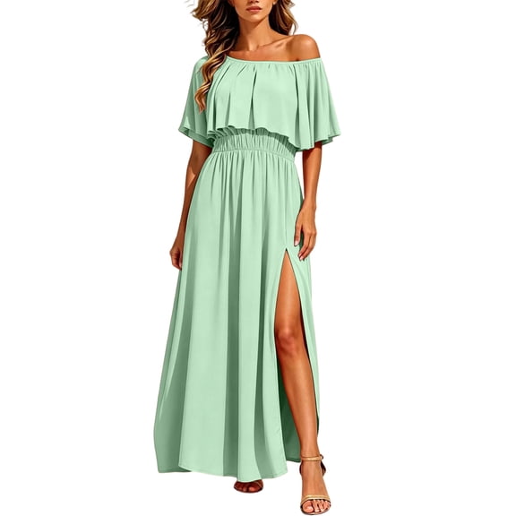 Karymi Off-the-Shoulder Ruffle Maxi Dress, Elastic Waist Side Split Chiffon Gown, Casual Summer Wedding Guest Beach Party Dress Sundress