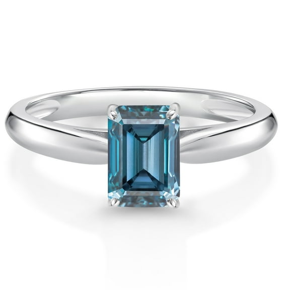 Gem Stone King 1.00 Cttw Persian Blue Moissanite Solitaire Engagement Ring for Women | 10K White Gold | Emerald Cut 7X5MM | Wedding Engagement Anniversary Promise Ring for Women | Size 9