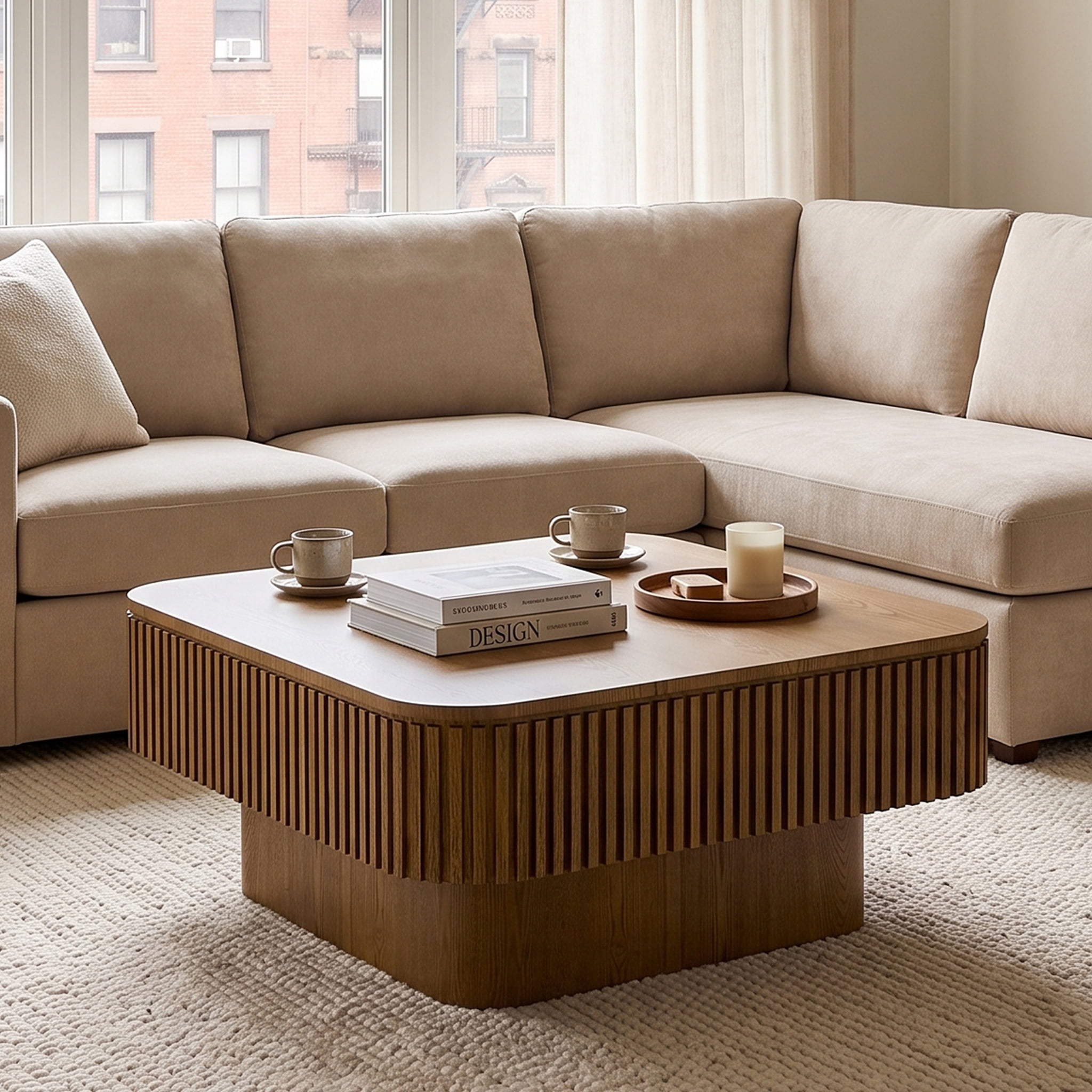 Homy Casa 31.5 in Warm Oak Square Coffee Table with Sliding Hidden Storage and Fluted Sides