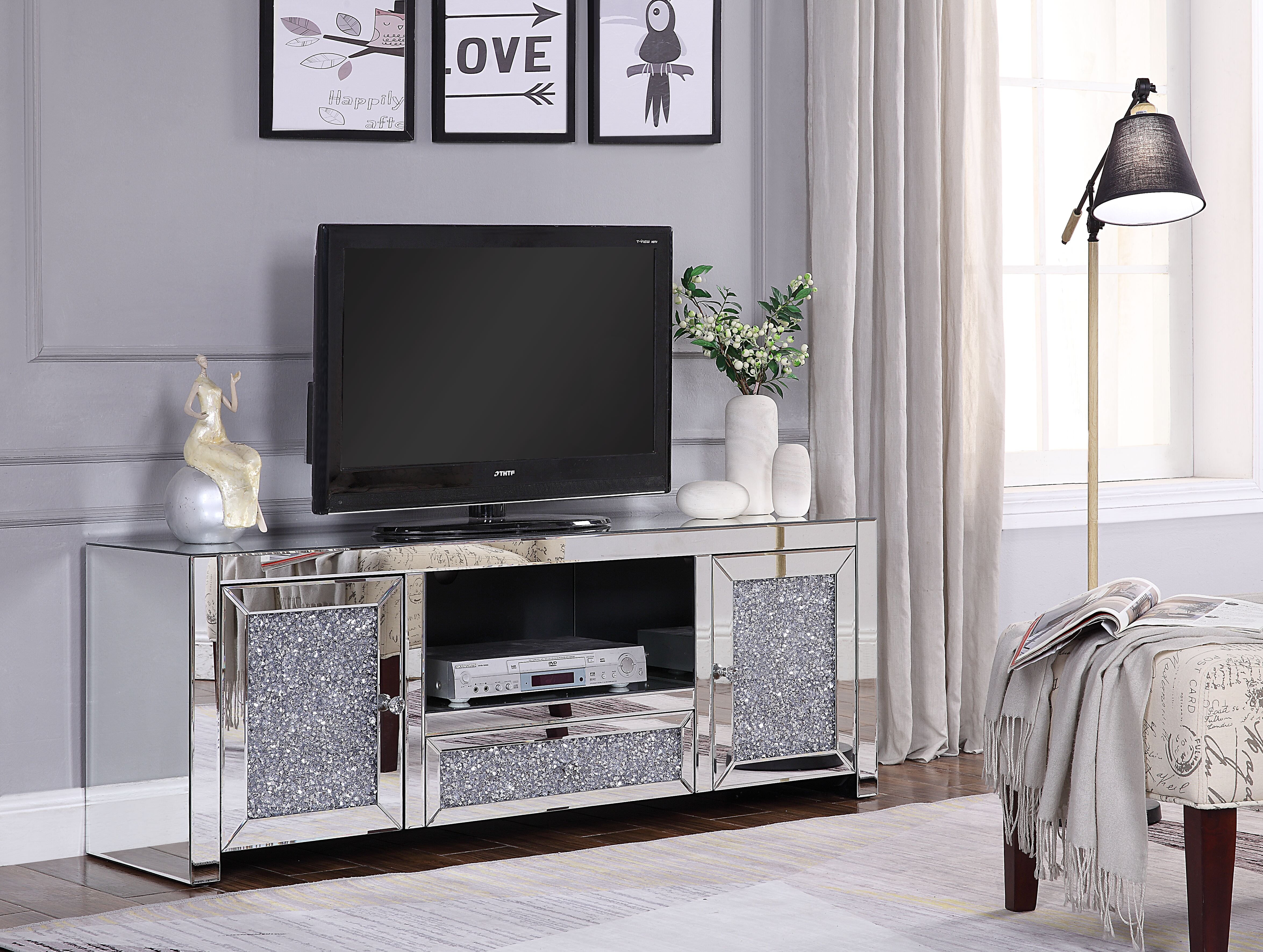Acme Noralie TV Stand in Mirrored and Faux Diamonds