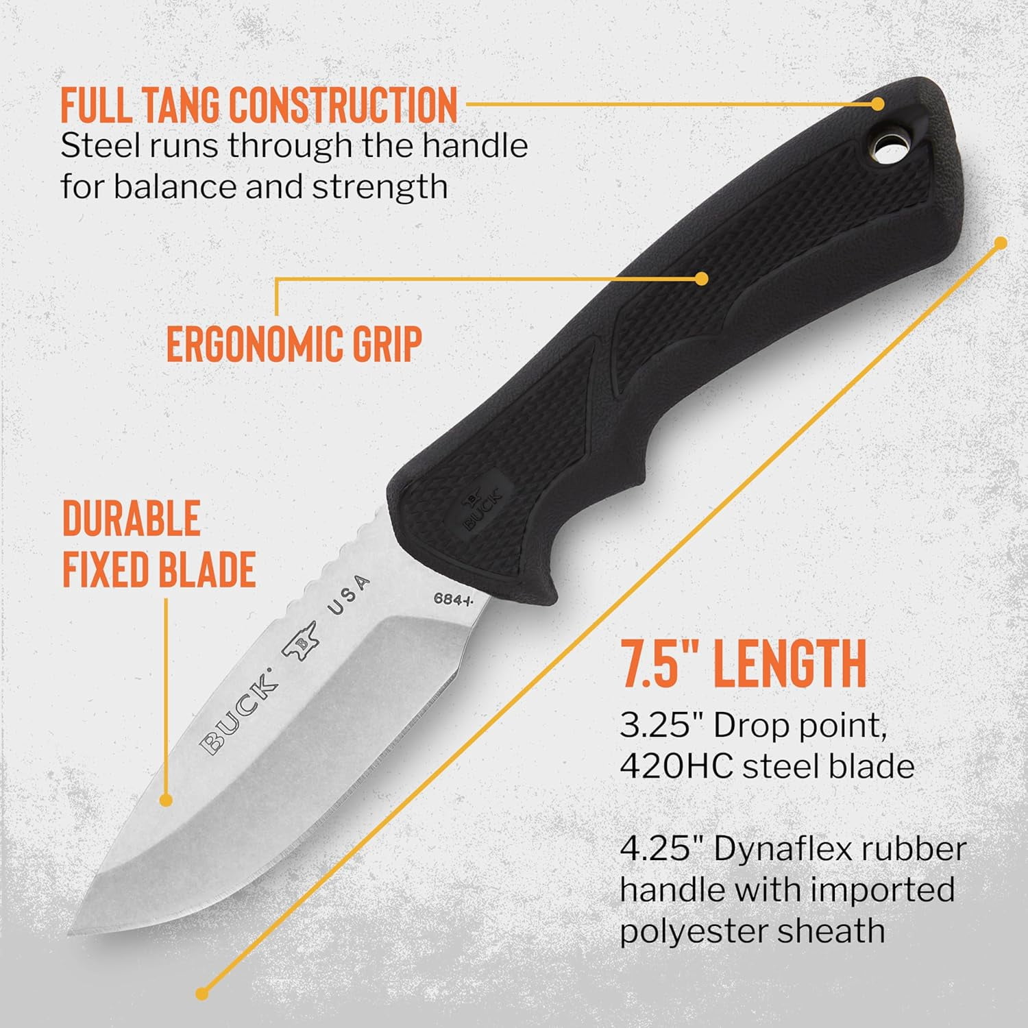 Buck Knives 684 Small BuckLite Max II Hunting Knife, 3-1/4" Fixed Blade, Rubber Handle, 2.8 oz