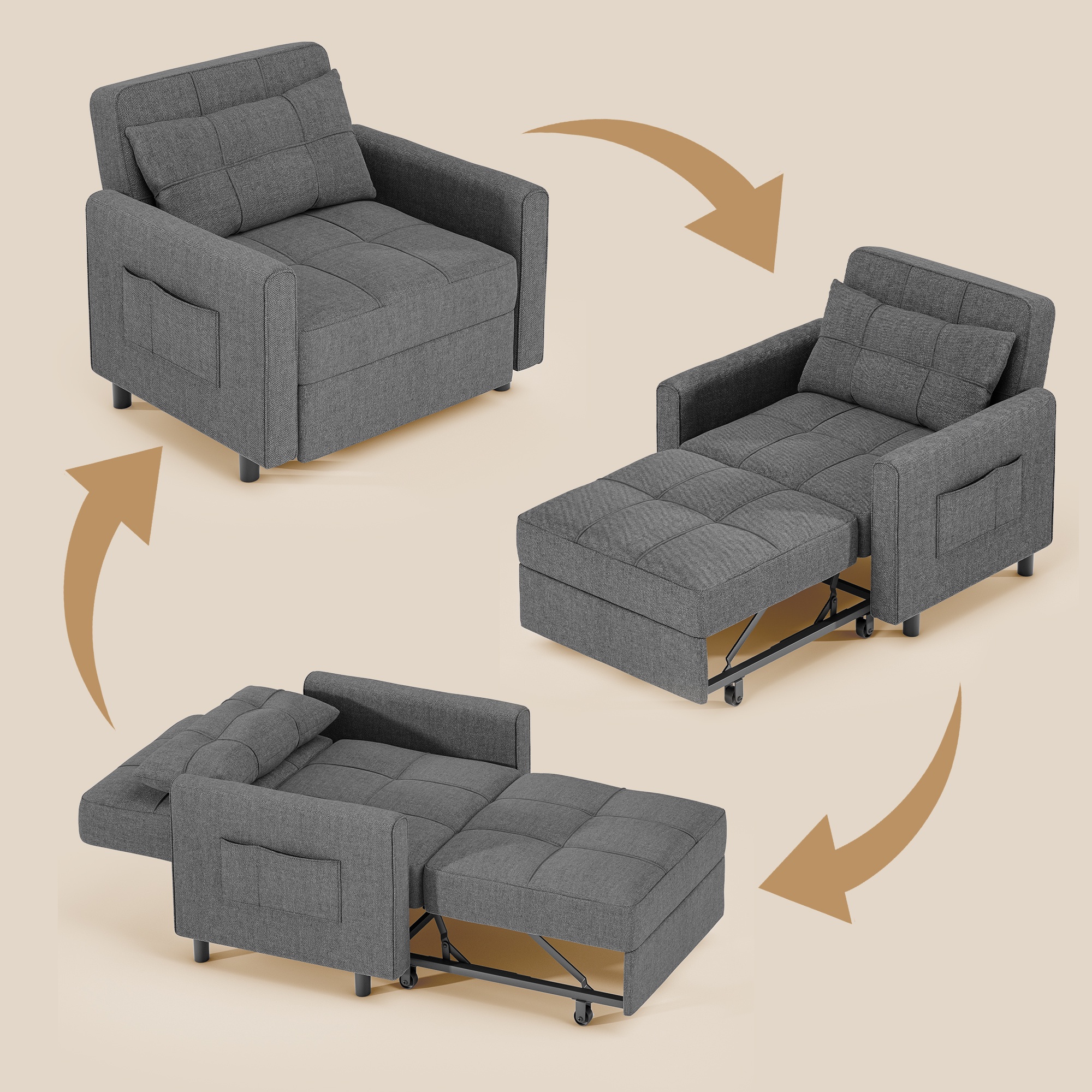 Sofa Bed Chair Convertible, Sleeper Chair with Pull-Out Bed, 3-in-1 Futon Couch with Reclining Backrest and Side Pocket, Dark Grey