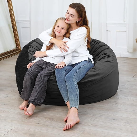 4 ft Bean Bag Chair, Memory Foam Bean Bag Chairs with Filling for Adults, Teens and Kids, Plush Lazy Sofa with Soft Velvet Cover for Living Room, Black