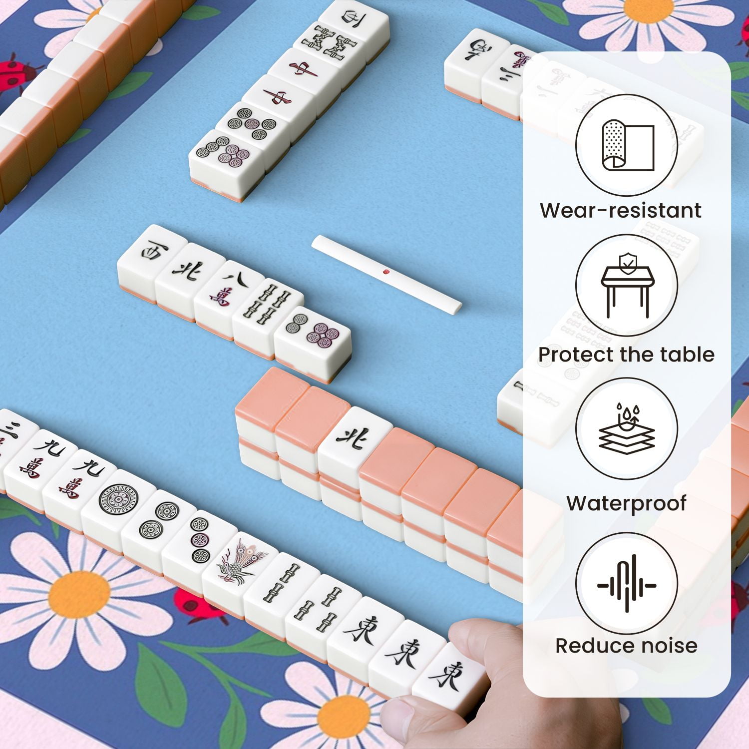 Mahjong Mat 31.5" x 31.5" Floral Daisies Ladybugs Bees Blue Anti-Slip and Noise Reduction Symmetry Design Mahjong Tiles Table Cover for Dominoes Poker Card Board and Tile Games