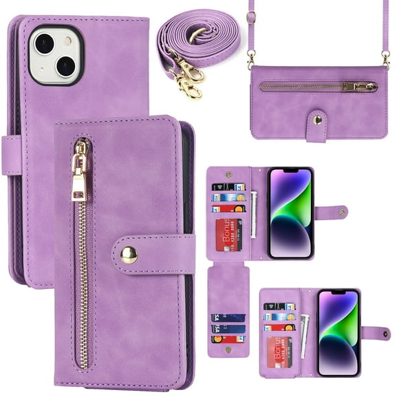 Feishell Compatible with for iPhone 14 Wallet Case Crossbody, Zipper Phone Case with RFID Blocking Card Holder Wrist Strap Leather Purse Gift for Women For iPhone 14, Lightpurple