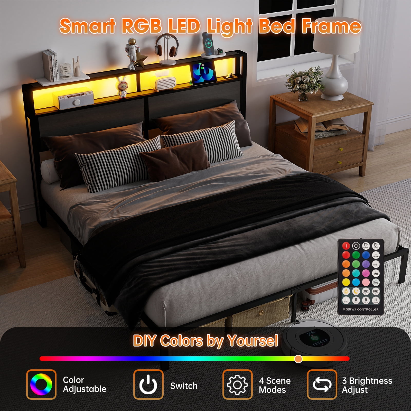 Leumius King Size Bed Frame with Headboard, Platform Bed with RGB LED Light & Charging Station & Under Bed Storage Space, Easy Assembly,Dark Gray