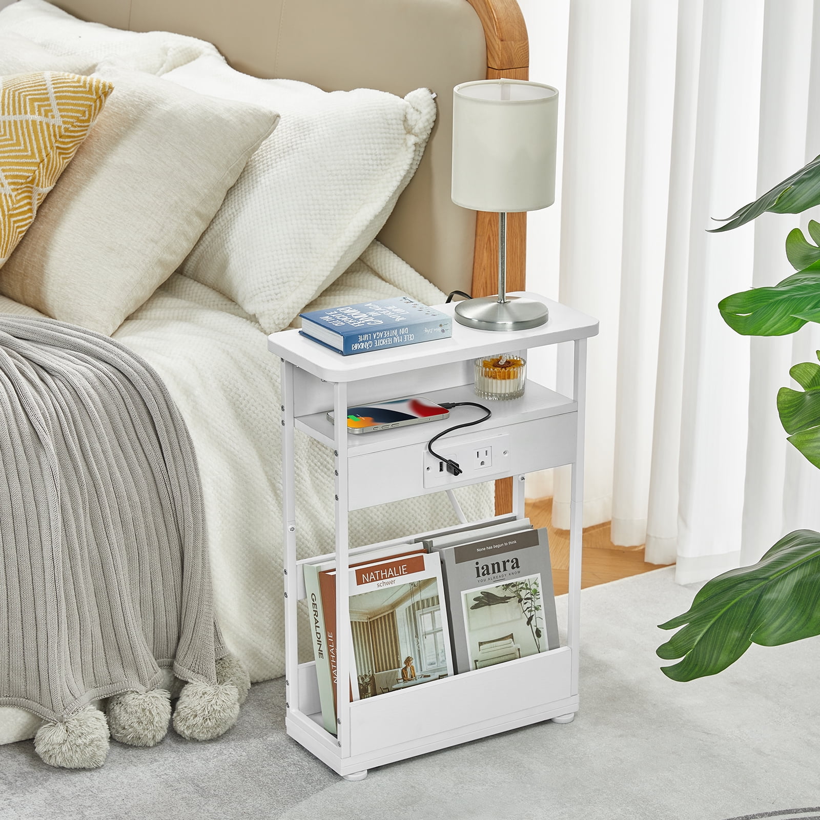 ZEXVIDA Narrow Side Table with Charging Station, 3 Tier Slim End Table with Storage Shelf for Small Spaces, 21.6 Inch Height Thin Tables Small Nightstand Magazine Rack for Living Room, White