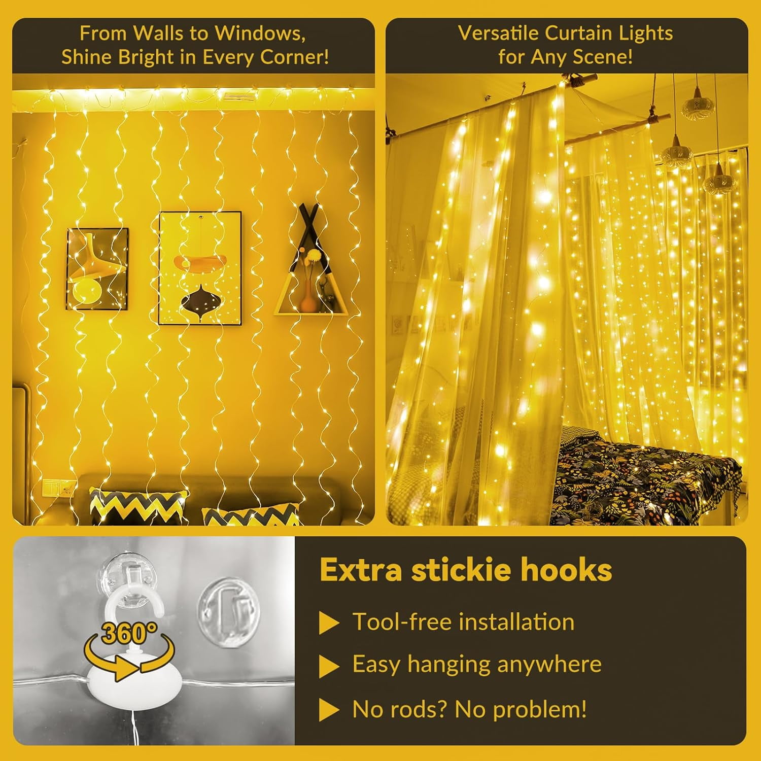 Brightown 300 LED Curtain Lights, 9.8 FT Plug In Fairy Lights For Bedroom, 8 Lighting Modes, Christmas Hanging Lights For Window Backdrop Wall Wedding Party Birthday Christmas Decoration, Warm White