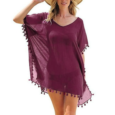 MSJUHEG Beach Cover Ups for Women Swimsuit Coverup for Women Caftans for Women Kaftan Bikini Beach Tops Swimwear Trim Up Cover Swimwear Beachwear for Women Crochet Dress Watermelon Red One Size