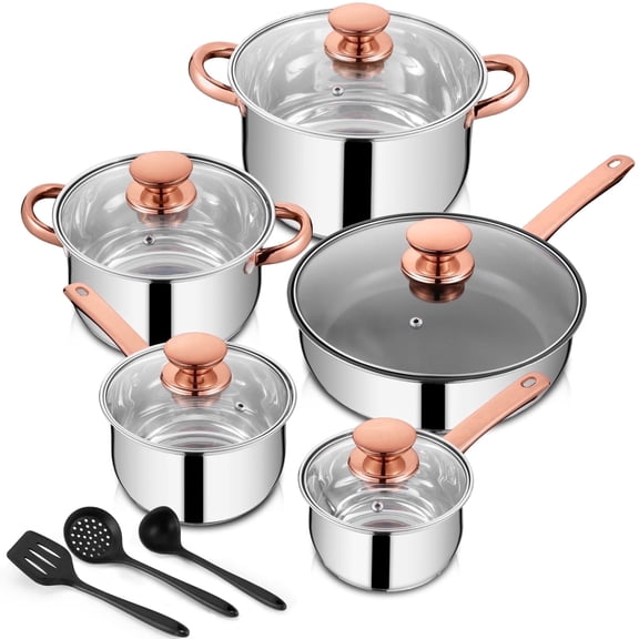Walchoice 13-Piece Stainless Steel Pots and Pans Set, Kitchen Cookware Set with Glass Lid for Cooking, Induction & Dishwasher Safe, Copper