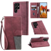 Splicing Wallet Case for Samsung Galaxy S22 Ultra,Wrist Strap Card Slots PU Leather Wallet Protection Case Magnetic Closure Stand Flip Case Cover for Samsung Galaxy S22 Ultra,Winered
