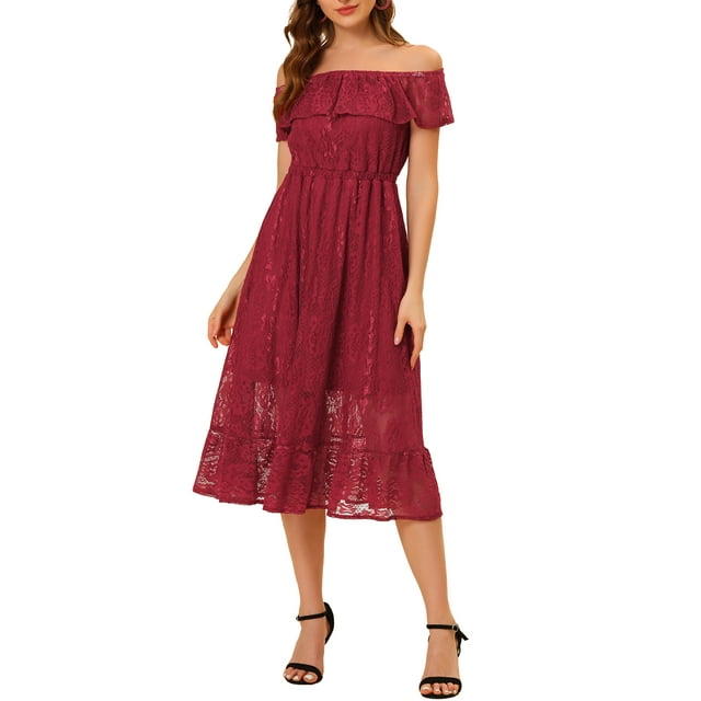 INSPIRE CHIC Vestido Midi de Manga Corta con Hombros Descubiertos de Encaje Floral de Cintura Alta Burdeos S
