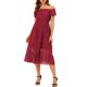 thumbnail image 1 of INSPIRE CHIC Vestido Midi de Encaje Floral de Manga Corta con Hombros Descubiertos Cintura Alta Burdeos XL, 1 of 5