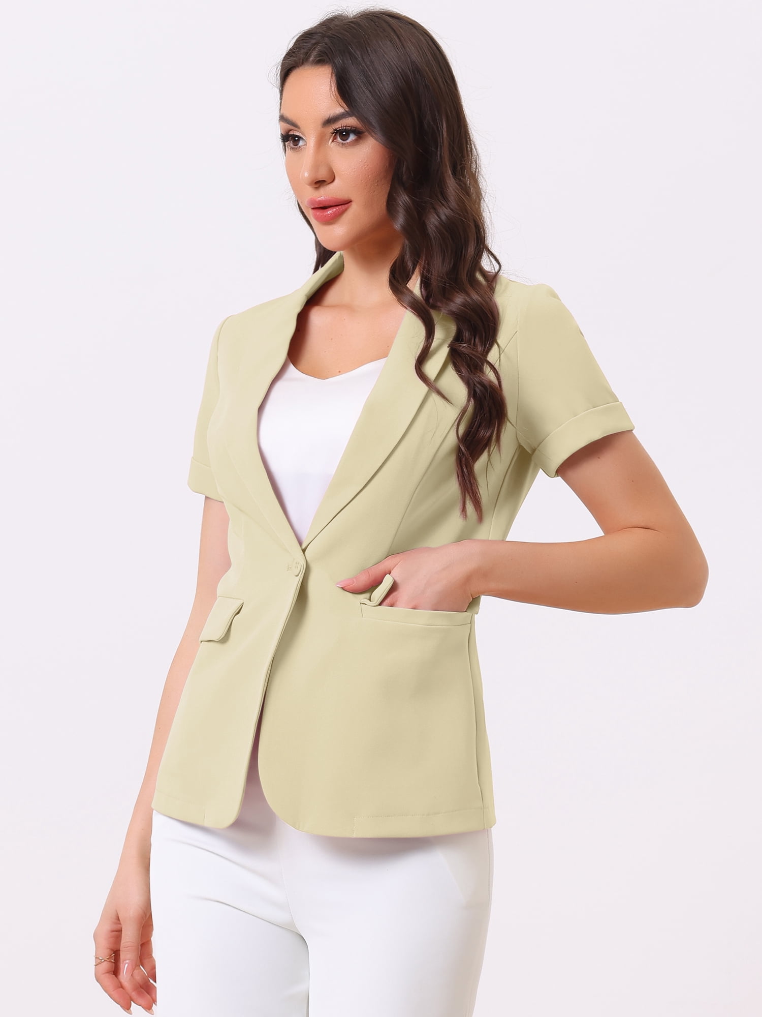 DARING DIVA Women's Short Sleeve Blazer Button Office Suit Jacket L Light Khaki