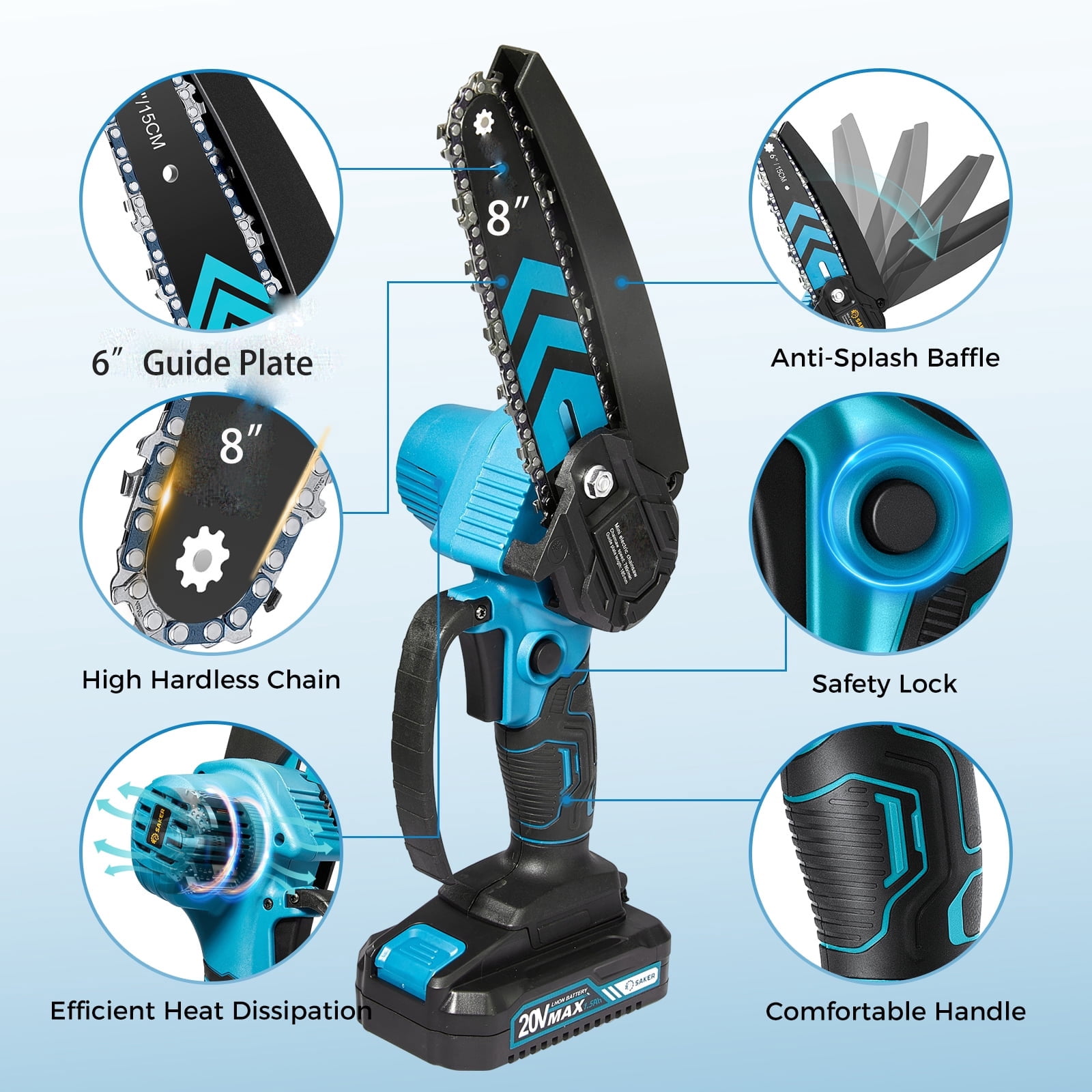 SUSUZI 8-Inch Cordless Chainsaw, 21V Dual Batteries Brushless Electric Handheld Chainsaw for Tree Trimming Gardening Wood Cutting