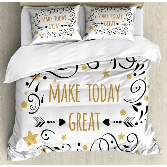 Saying Duvet Cover Set Queen Size, Make Today Wording with Stars Dots and Swirls, Decorative 3 Piece Bedding Set with 2 Pillow Shams, Pale Brown Sand Brown Charcoal Grey White, by Ambesonne