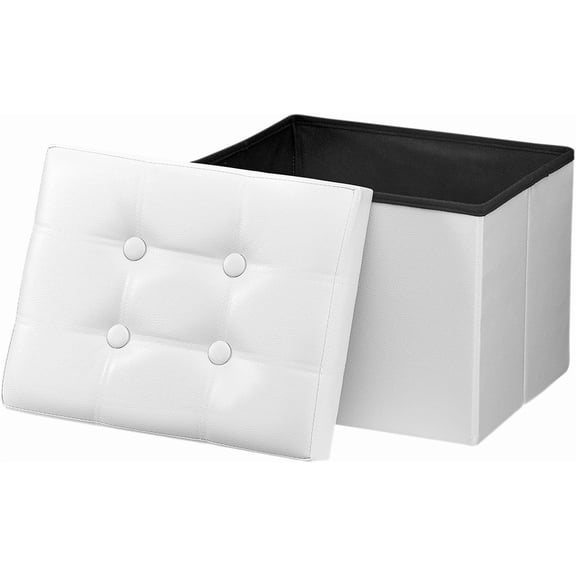 HJTER Folding Storage Ottoman, Foot Stool with Thicker Foam Padded Seat Small Leather Storage Ottoman Bench Foot Rest for Living Room Foldable Coffee Table 17x13x13in,White
