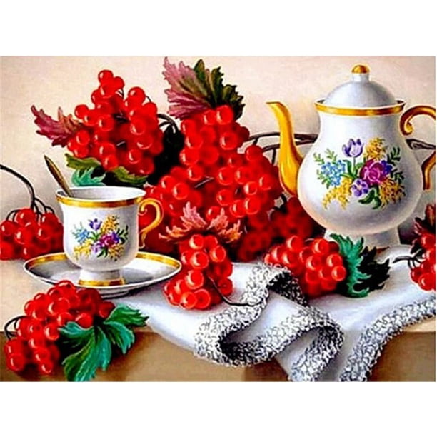 5D Diamond Painting Garden Kitchen Tea Set Flowers Diamond Embroidery Cross Stitch Kits Mosaic Drill Landscape Home Decor GiftsRound 50X70 Gao Jinjia LED