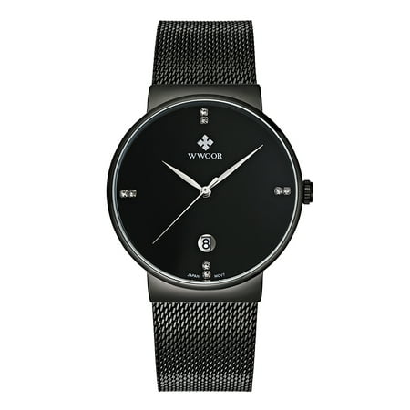 WWOOR Ultra Thin Fashion Luxury Diamond Quartz Ananlog Man Casual Wristwatch Stainless Steel Simplicity Men Decorative Watch + Watch