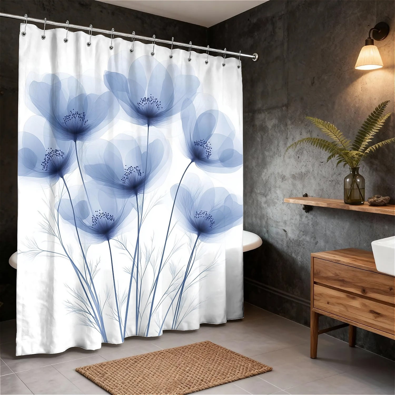ARTSLION Shower Curtain Navy Blue Geometric Water Repellent Shower Curtain Set, With Hooks，Machine Washable, Modern Decorative Polyester Cloth Shower Curtains For Bathroom,72X78,Blue Flowers